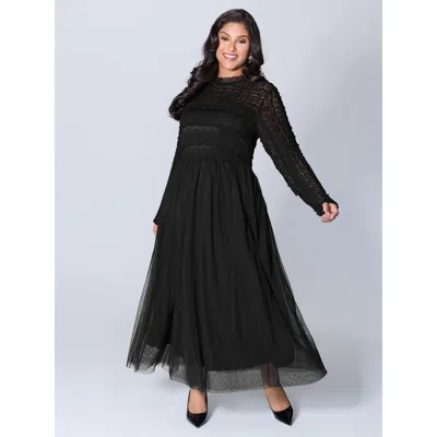 Bloomchic Women's Plus Size Textured Lace Sheer Lined Maxi Dress Black Party Maxi Patchwork Mock Neck 10/m
