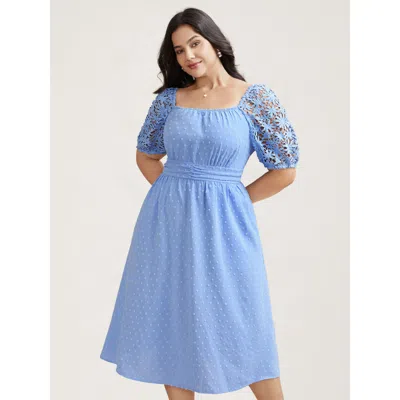 Bloomchic Women's Plus Size Textured Lace Sleeve Stretchy Waist Midi Dress Skyblue Solid Midi Elegant Patchwor In Blue