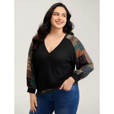 Bloomchic Women's Plus Size Textured Lace Trim Contrast Sleeve Sweatshirt Black Casual 10/m