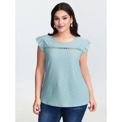 Bloomchic Women's Plus Size Textured Lace Trim Flutter Sleeve T-shirt Lightblue Synthetic Texture Elegant Cap  In Blue