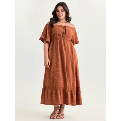 Bloomchic Women's Plus Size Textured Lace Trim Off-shoulder Midi Dress Rust Solid Maxi Vacation Cable Knit 14- In Brown