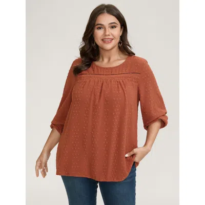 Bloomchic Women's Plus Size Textured Lace Trim Pleated Neck Blouse Rust Synthetic Texture Elegant Long Sleeve  In Brown