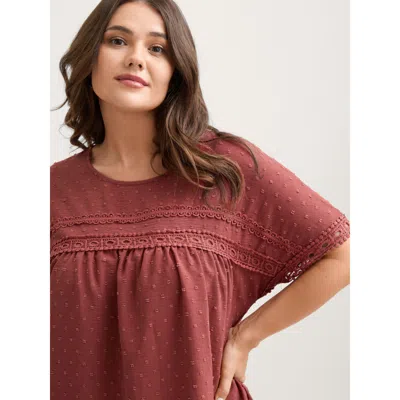 Bloomchic Women's Plus Size Textured Lace Trim Solid Blouse Rust Solid Elegant Short Sleeve Round Neck 12/l In Brown