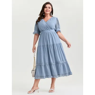 Bloomchic Women's Plus Size Textured Lace Trim Wrap Neckline Tiered Midi Dress Stone Synthetic Texture Midi El In Gray