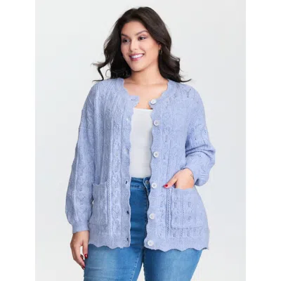Bloomchic Women's Plus Size Textured Lantern Sleeve Button Knit Cardigan Lightblue Long Sleeve Round Neck 10/m In Blue