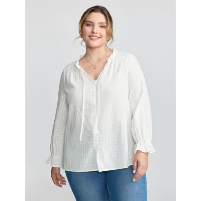 Bloomchic Women's Plus Size Textured Lantern Sleeve Neck-tie Blouse Originalwhite Synthetic Texture Elegant Ex