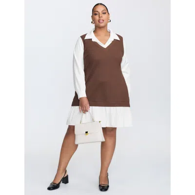Bloomchic Women's Plus Size Textured Layered Contrast Patchwork Mini Dress Champagne Solid Midi Office Patchwo In Gold