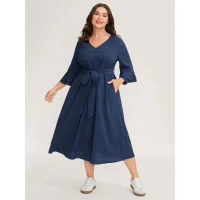 Bloomchic Women's Plus Size Textured Layered Ruffled Sleeve Belted Midi Dress Darkblue Synthetic Texture Midi  In Blue