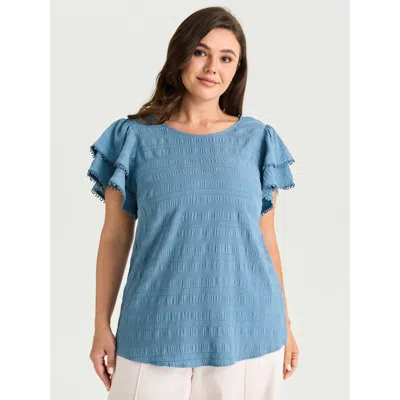 Bloomchic Women's Plus Size Textured Layered Ruffled Sleeve Blouse Stone Solid Elegant Short Sleeve Round Neck In Gray