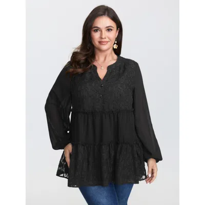 Bloomchic Women's Plus Size Textured Leopard Laser Cut Tiered Blouse Black Solid Elegant Long Sleeve V-notch N