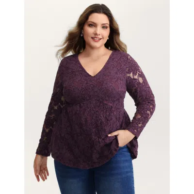 Bloomchic Women's Plus Size Textured Lined Fit And Flare Knit Top Deeppurple Long Sleeve Elegant 10/m