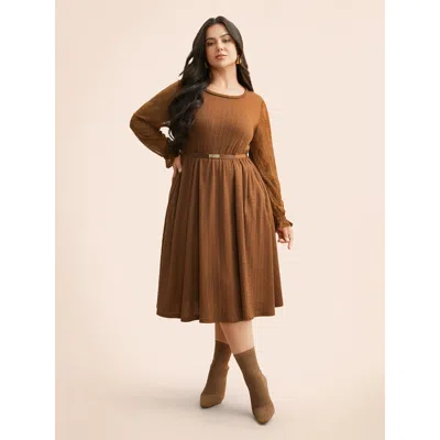 Bloomchic Women's Plus Size Textured Mesh Patchwork Ruffles Dress Yellowishbrown Synthetic Texture Midi Elegan