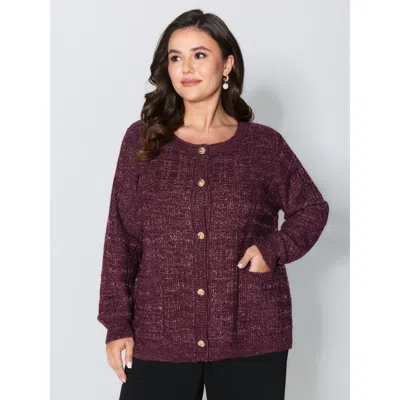 Bloomchic Women's Plus Size Textured Metallic Thread Button Knit Cardigan Plum Long Sleeve 10/m In Purple