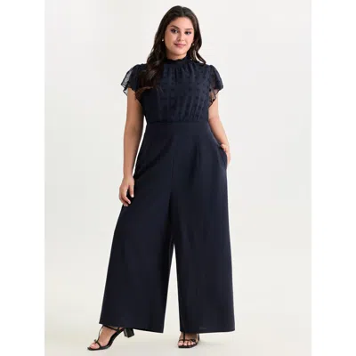 Bloomchic Women's Plus Size Textured Mock Neck Ruffled Sleeve Jumpsuit Darkblue Elegant Fitted 10/m In Blue