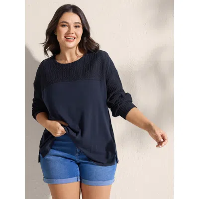 Bloomchic Women's Plus Size Textured Neckline Dual Toned Sweatshirt Darkblue Casual 14-16/1x In Blue