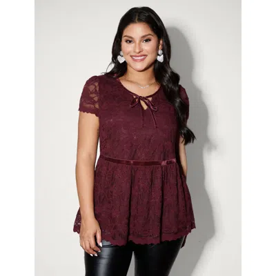 Bloomchic Women's Plus Size Textured Neck-tie Cinched-flared Blouse Deepred Solid Party Cap Sleeve Tie-neck 18 In Red