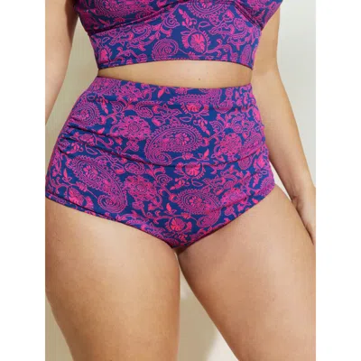 Bloomchic Women's Plus Size Textured Paisley Print Ruched Swim Bottoms Brightblue Paisley Cropped Cable Knit E In Blue