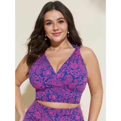 Bloomchic Women's Plus Size Textured Paisley Print Swim Top Brightblue Paisley Sleeveless Cable Knit Adjustabl In Blue
