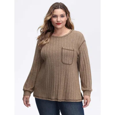 Bloomchic Women's Plus Size Textured Patch Pocket Round Neck Sweatshirt Lightbrown Casual 18-20/2x In Brown