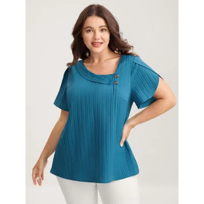 Bloomchic Women's Plus Size Textured Petal Sleeve Asymmetrical Neck Blouse Cerulean Solid Office Short Sleeve  In Blue