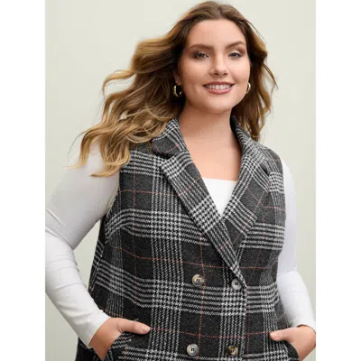 Bloomchic Women's Plus Size Textured Plaid Pattern Pockets Long Vest Black Texture 22-24/3x