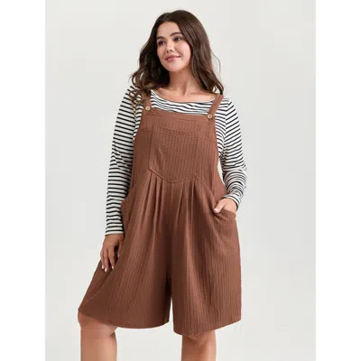 Bloomchic Women's Plus Size Textured Pleated Front Overall Cropped Jumpsuit Yellowishbrown Casual 12/l