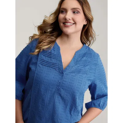 Bloomchic Women's Plus Size Textured Pleated Notched Neckline Blouse Brightblue Synthetic Texture Casual 3/4 S In Blue