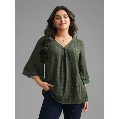 Bloomchic Women's Plus Size Textured Pleated Tiered Ruffle Sleeve Blouse Armygreen Synthetic Texture Everyday 