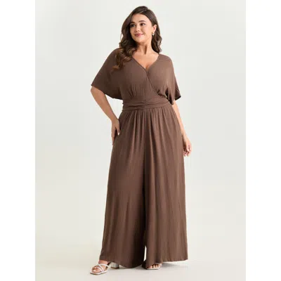 Bloomchic Women's Plus Size Textured Pleated Waist Surplice Jumpsuit Browncoffeecolor Elegant 10/m
