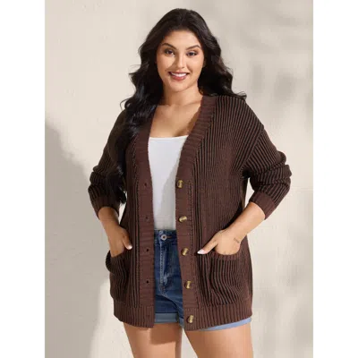 Bloomchic Women's Plus Size Textured Pocket Buttons Solid Knit Cardigan Maroon Long Sleeve 10/m In Burgundy