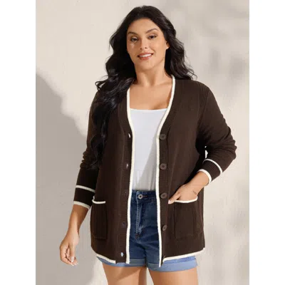 Bloomchic Women's Plus Size Textured Pocket Color Contrast Knit Cardigan Browncoffeecolor Long Sleeve 10/m