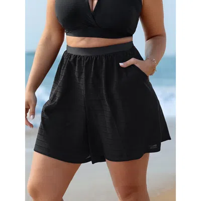 Bloomchic Women's Plus Size Textured Pocket High-waisted Swim Shorts Black Solid Short Cable Knit Elastic Wais