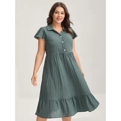 Bloomchic Women's Plus Size Textured Pockets Collar Flutter Sleeve Midi Dress Moss Synthetic Texture Midi Casu In Green