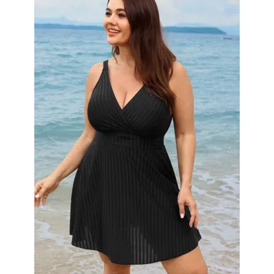 Bloomchic Women's Plus Size Textured Pockets Surplice Neckline Swim Dress Black Solid Cable Knit Adjustable St