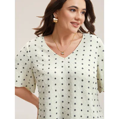 Bloomchic Women's Plus Size Textured Polka Dot Print Flared Sleeve Shirt Beige Polka Dots Elegant Short Sleeve In Sand