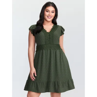 Bloomchic Women's Plus Size Textured Polka Dots Lace Trim Mini Dress Armygreen Synthetic Texture Short Elegant