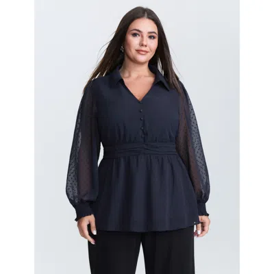 Bloomchic Women's Plus Size Textured Polka Dots Shirred Sheer Blouse Indigo Solid Office Long Sleeve Collared  In Purple