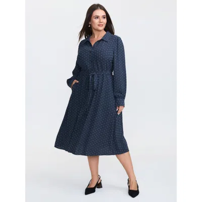 Bloomchic Women's Plus Size Textured Polka Dots Waist-tie Midi Dress Darkblue Solid Midi Office Button Front 2 In Blue
