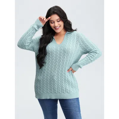 Bloomchic Women's Plus Size Textured Polo Collar Cable Knit Pullover Lightblue Long Sleeve 10/m In Blue