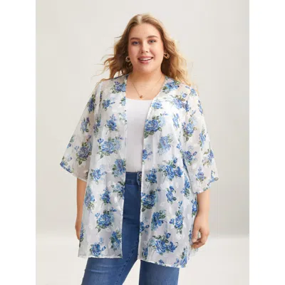 Bloomchic Women's Plus Size Textured Printed Puff Sleeve Kimono Cardigan Originalwhite Texture A-line 10/m