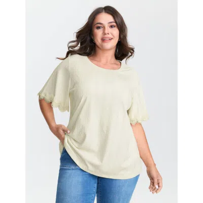 Bloomchic Women's Plus Size Textured Puff Sleeve Lace Trim T-shirt Beige Solid Casual Short Sleeve Round Neck  In Sand