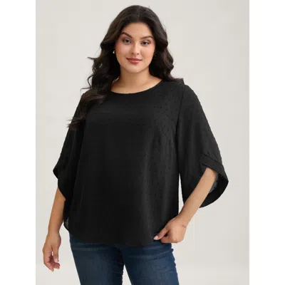 Bloomchic Women's Plus Size Textured Round Neck Bell Sleeve Blouse Black Solid Elegant 3/4 Sleeve Round Neck 1