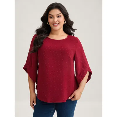 Bloomchic Women's Plus Size Textured Round Neck Bell Sleeve Blouse Deepred Solid Elegant 3/4 Sleeve Round Neck In Red
