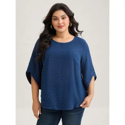 Bloomchic Women's Plus Size Textured Round Neck Bell Sleeve Blouse Indigo Solid Elegant 3/4 Sleeve Round Neck  In Purple