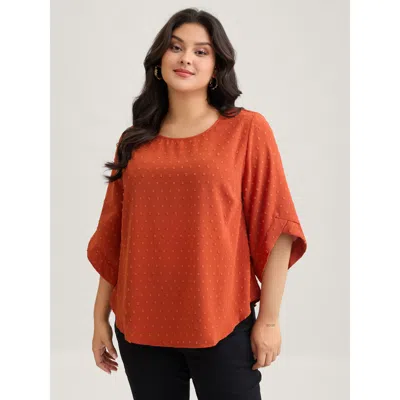 Bloomchic Women's Plus Size Textured Round Neck Bell Sleeve Blouse Orangered Solid Elegant 3/4 Sleeve Round Ne