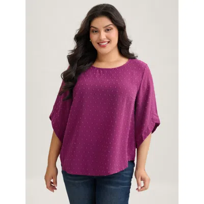 Bloomchic Women's Plus Size Textured Round Neck Bell Sleeve Blouse Redviolet Solid Elegant 3/4 Sleeve Round Ne
