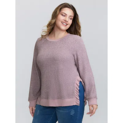 Bloomchic Women's Plus Size Textured Round Neck Ribbed Hem Sweatshirt Dustypink Casual 10/m In Pink
