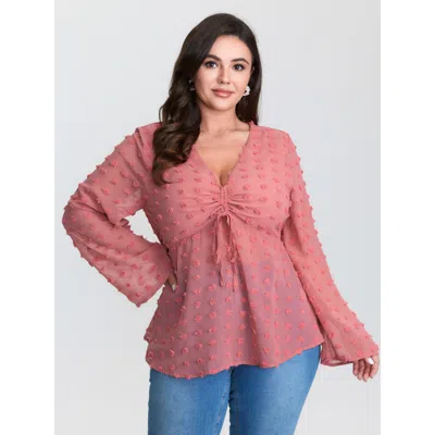 Bloomchic Women's Plus Size Textured Ruched Bodice Flared Blouse Watermelon Solid Elegant Long Sleeve Deep V-n In Green