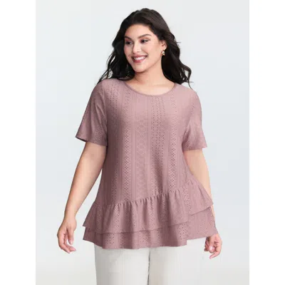 Bloomchic Women's Plus Size Textured Ruffled Layered Hem Knit Top Dustypink Short Sleeve Casual 22-24/3x In Pink