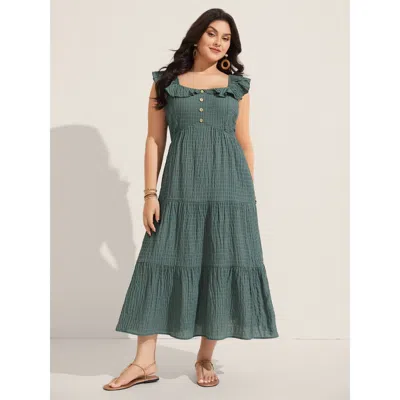 Bloomchic Women's Plus Size Textured Ruffled Neck Pockets Midi Dress Emerald Solid Maxi Vacation Ruffles 30/6x In Green